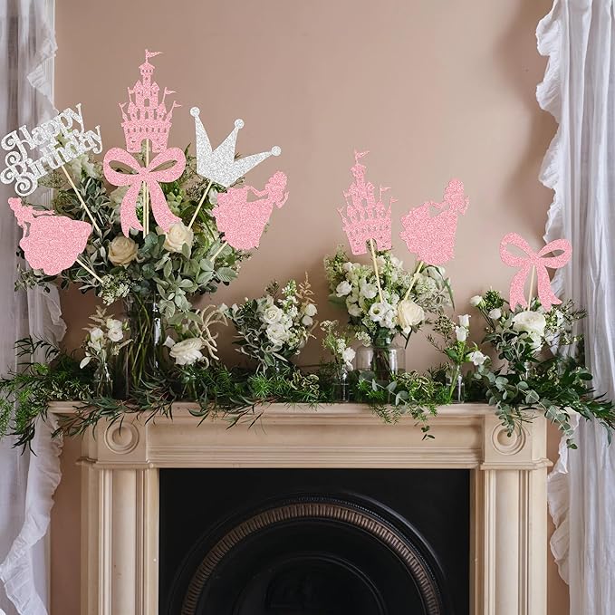 Gyufise 12Pcs Princess Centerpiece Sticks Birthday Bowknot Castle Birthday Table Flower Centerpieces Sticks Crown Bow Party Decorations for Bridal Shower Birthday Wedding Party Supplies Pink