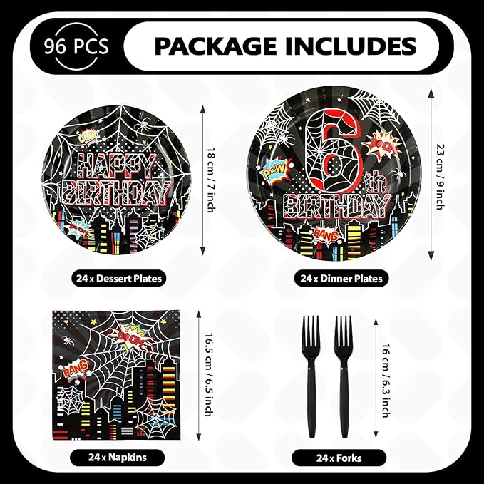 96Pcs Spider 6th Birthday Party Decorations Black Spider 6th Birthday Plates and Napkins Cartoon Super Theme Hero Paper Tableware Set for Boys Kids 6 Year Old Birthday Party Supplies Serves 24