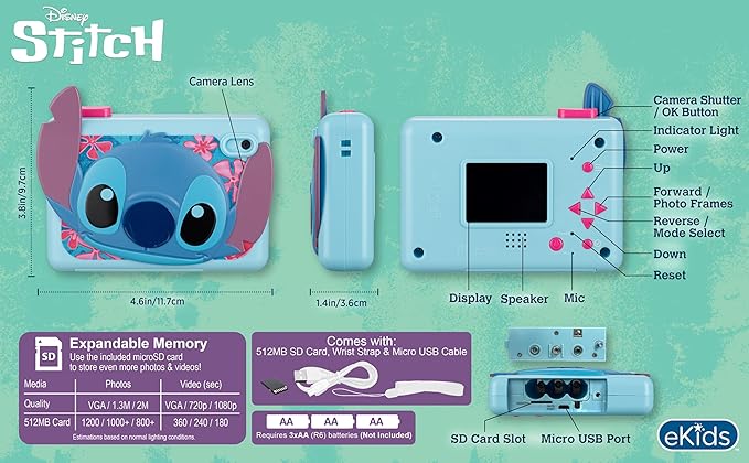ekids Stitch Kids Camera with SD Card, Digital Camera for Kids with Video Recording, Built-in Digital Stickers, Stitch Toys for Kids