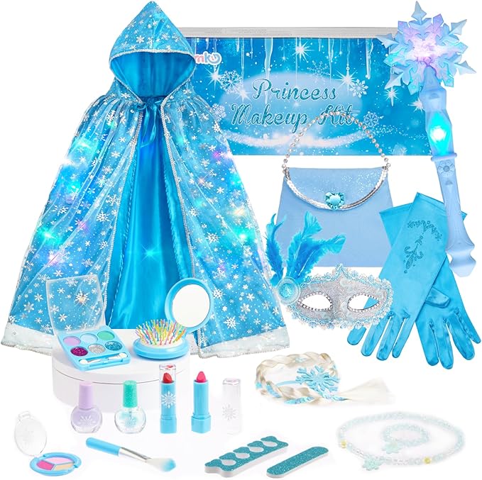 Frozen Toys for Girls-Princess Dress Up Set, 3 Lighting Mode Princess Cape, Music & Light Up Wand, Kids Makeup Kit, Wig, Mask, Gloves, Dress-up Accessories for Princess Cosplay Costume for Girl Age 3+