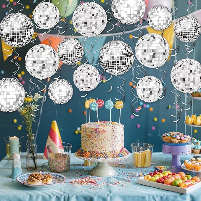54 Pieces Disco Party Decorations Sliver Disco Ball Hanging Swirls 70s Ceiling Decor for 70s Fever Hippie Birthday Party Supplies