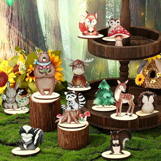 Geetery 12 Pcs Woodland Animals Wooden Animal Cutout Shapes Forest Painted Woodland Baby Shower Decorations Wild Creatures Wood Table Centerpieces for Forest Camp Party Supplies (Cute)