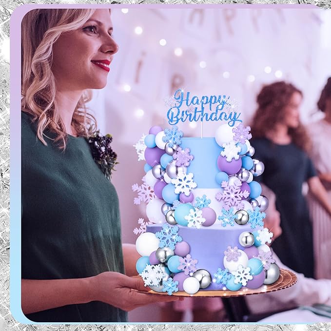 Tioncy 71 Pcs Snowflake Cake Toppers Set Multicolor Balls Blue Princess Happy Birthday Cake Topper Decorations for Winter Wonderland Birthday Snowflake Party Supplies