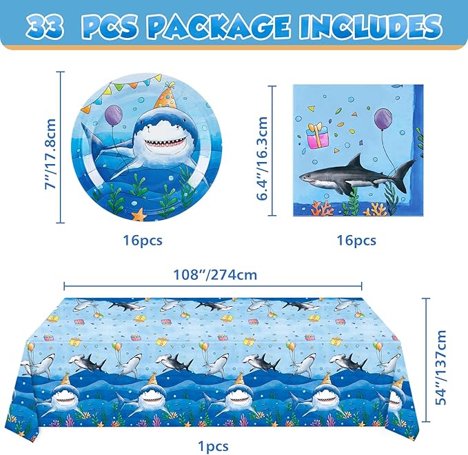 WERNNSAI Shark Birthday Party Decorations - 33 PCS Shark Plates Napkins and Tablecloth Under The Sea Birthday Decorations for Kids Boys Summer Pool Ocean Theme Party Favors Serve 16 Guests