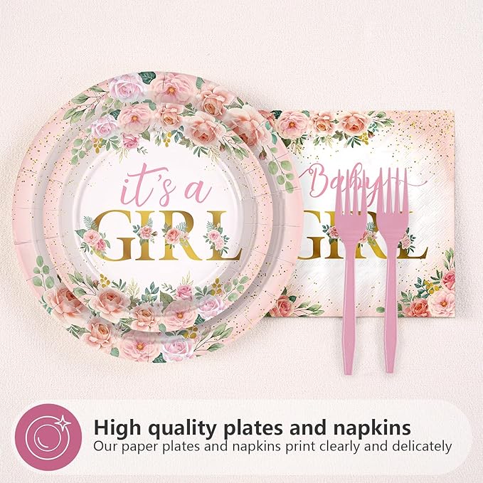 96 Pcs Baby in Bloom Baby Shower Decorations Disposable Its a Girl Paper Plates and Napkins Spring Pink Floral Tableware Set for Girls Baby Birthday Party Gender Reveal Supplies Serve 24