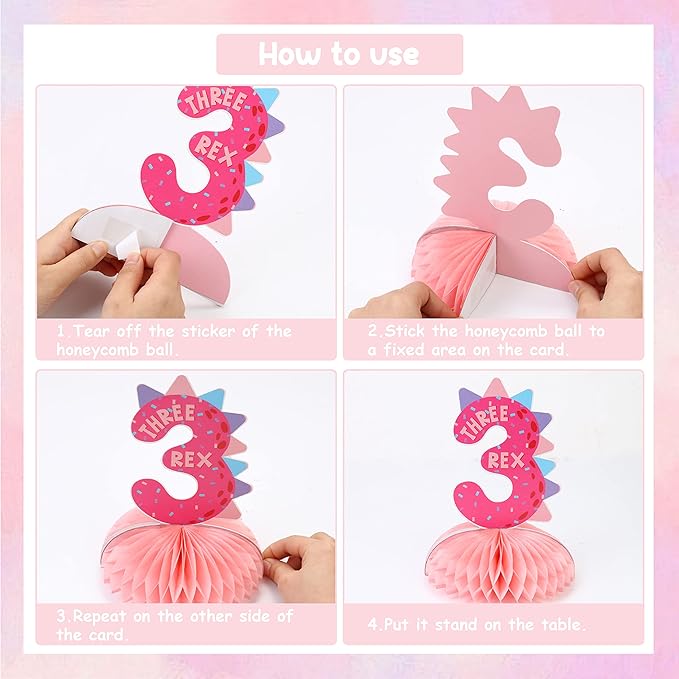 Pink Dinosaur Honeycomb Centerpieces, Little Dinosaur Three Rex Roar Birthday Table Toppers Decorations for Girl’s T-Rex Themed 3rd Birthday Party Supplies