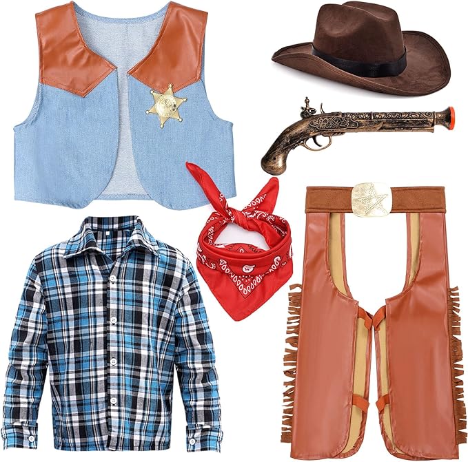 Kids Cowboy Costume for Boys Halloween Dress up Leather Western Outfit with Accessories for Role Play Party