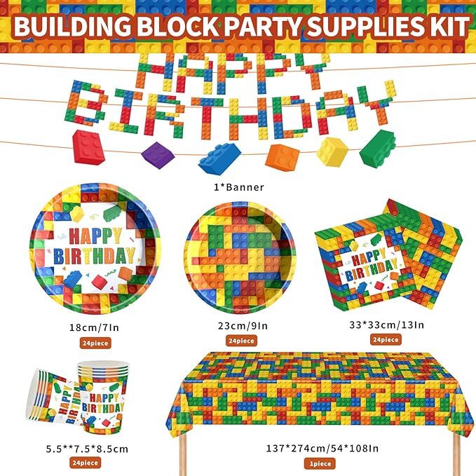Building Block Birthday Party Supplies Colorful Building Block Party Decorations Includes Paper Plates Napkins Cups Banner Tablecloth for Boys Kid’s Birthday Party Decorations, Serve 24