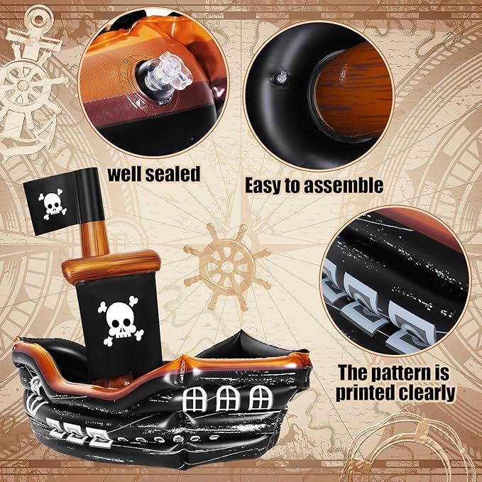 Zhanmai Inflatable Pirate Ship Drink Cooler Inflatable Serving Bar Food Container for Summer Carniva Mardi Gras Pirate Birthday Party Favor Supplies Decorations(Classic Colors,Skull Flag)