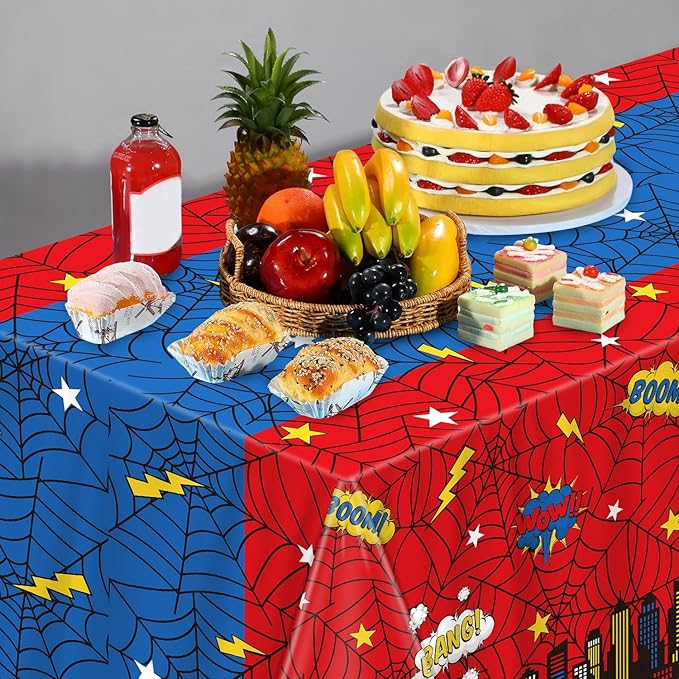 4Pack Spider Web Themed Birthday Party Tablecloths Red Blue Cartoon Plastic Table Cover City Web Theme Table Cloth for Baby Shower Kids Boys Birthday Party Supplies 86X51inches