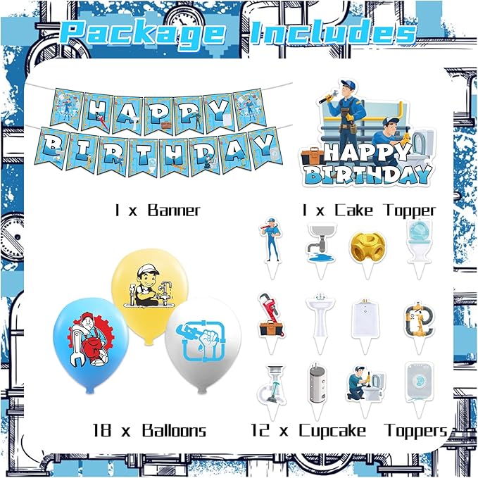 Plumber Theme Party Supplies Plumber Birthday Party Decorations Includes Plumber Happy Birthday Banner Cake Topper Cupcake Toppers Balloons for Plumber Theme Party