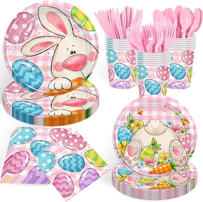 168PCS Easter Party Supplies Easter Egg Party Decorations with Pink Plaid Bunny Paper Plates and Napkins Cups for Spring Themed Easter Birthday Party Serves 24