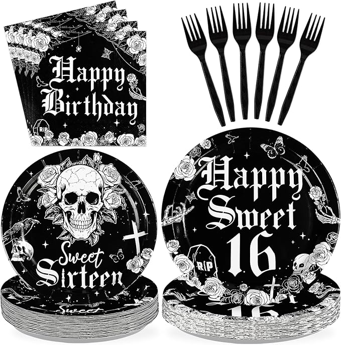 96Pcs Gothic Birthday 16th Party Decorations Goth Skeleton Plates and Napkins Tableware Sets Gothic Black White Skull Sweet Sixteen Decorations for 16 Years Old Birthday Party Supplies Serve 24