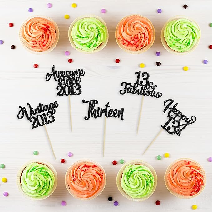 30Pcs Happy 13th Birthday Cupcake Toppers Glitter Thirteen Vintage 2013 Cupcake Picks Cheers to 13 Fabulous Cake Decorations for 13th Birthday Wedding Anniversary Party Supplies Black