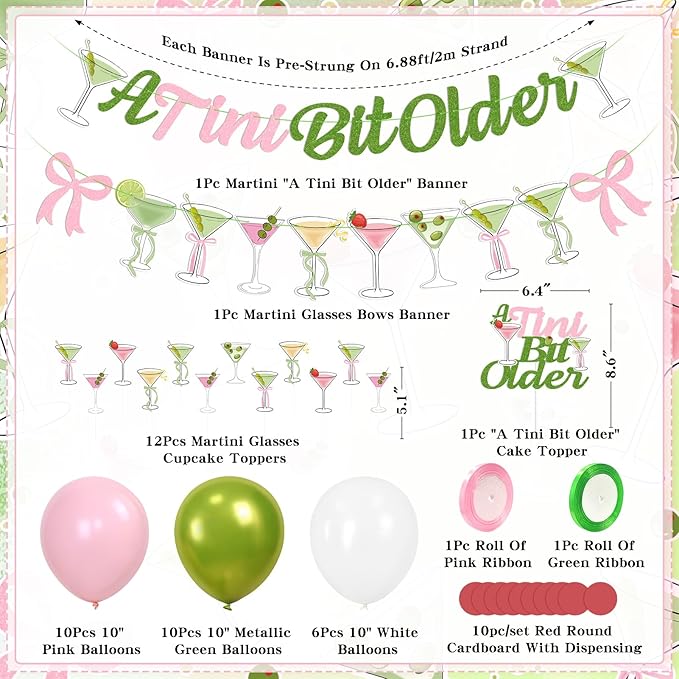 Martini Bow Birthday Party Decorations, Green Pink Glitter A Tini Bit Older Banner Garland Cake Topper Balloons for Girls Women Trendy Martini Bar Birthday Bachelorette Bridal Shower Party Supplies