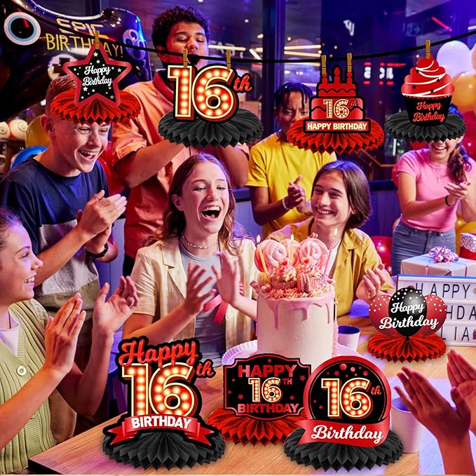 Happy 16th Birthday Red and Black Table Honeycomb Centerpieces Balloons Theme Decor Table Decorations Table Toppers for Girls Women Princess 16 Years Old Birthday Party Bday Supplies Background Gold