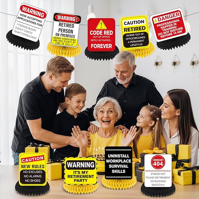 Funny Retirement Party Decorations 9Pcs Retirement Honeycomb Centerpieces for Women & Men Happy Retirement Table Centerpieces Caution Logos Sign for Office Coworker Farewell Going Away Party