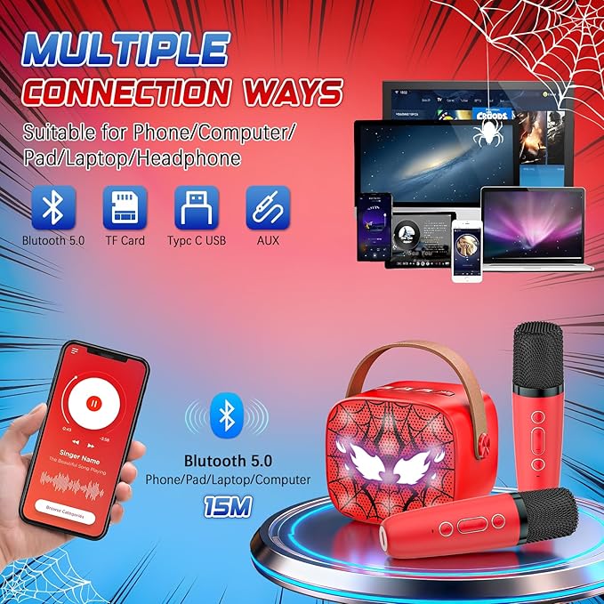 Spider Mini Karaoke Machine for Kids - TOP Karaoke Toys for 3 4 5 6 7 8 9 10 11 12+ Year Old Boys Girls, Portable Bluetooth Speaker with 2 Wireless Microphones, Kids Christmas Birthday Party Gifts