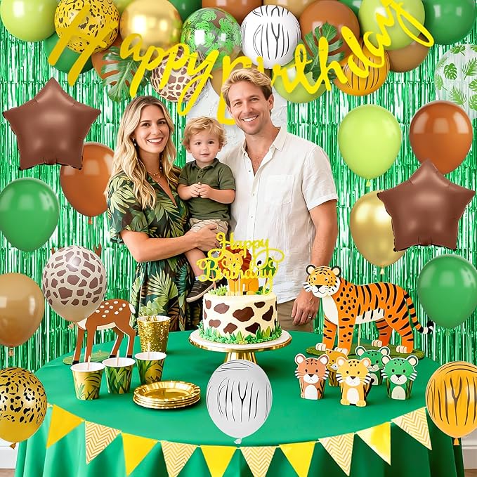 Jungle Safari Birthday Decorations, Safari Theme Party Supplies with Green Brown Animal Print Balloons Happy Birthday Banner Cake Topper Fringe Curtain Palm Leaves for Woodland Themed Party Decor