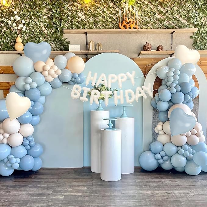 29PC Blue Heart Happy Birthday Balloon Banner, 16Inch 3D Aluminum Letter Banner Sign, Dusty Blue Metallic Gold Sand White Balloon 18 Inch Heart Foil Balloons for Boy Baby Shower Decorations