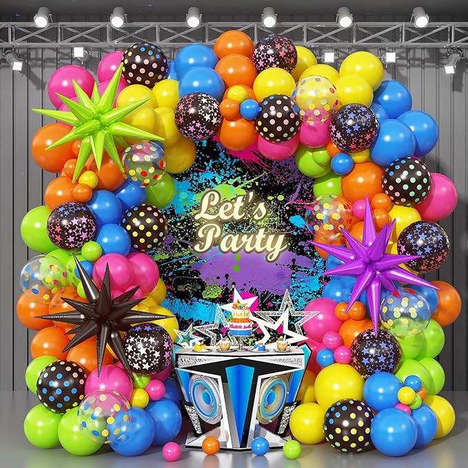 90s 80s Neon Balloon Arch Kit, 152pcs Disco Theme Party Decorations with Foil Star UV Neon Luminous Fluorescent Balloons for Back to 90s 80s Hip Hop/Disco Birthday Supplies, Rock Roll Party