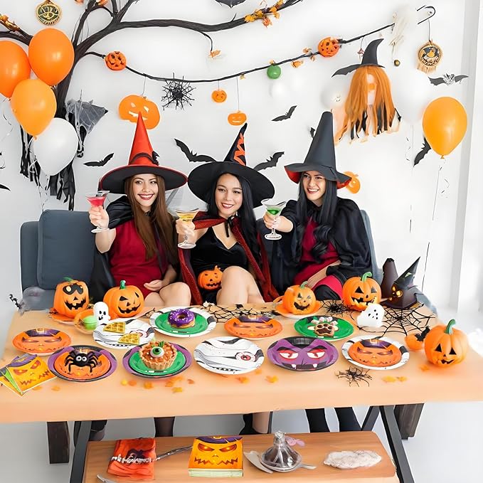 180 Pcs Halloween Paper Plates and Napkins Set,4 Design Pumpkin Monster Bat Disposable Tableware Supplies,for Halloween Party Decoration,Serve 60