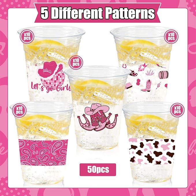 50 Pcs Western Cowgirl Plastic Cups, 12 Oz Pink Disco Cowgirl Plastic Clear Disposable Drinking Cups for Western Party Decoration Cowgirl Birthday Wedding Party Supplies