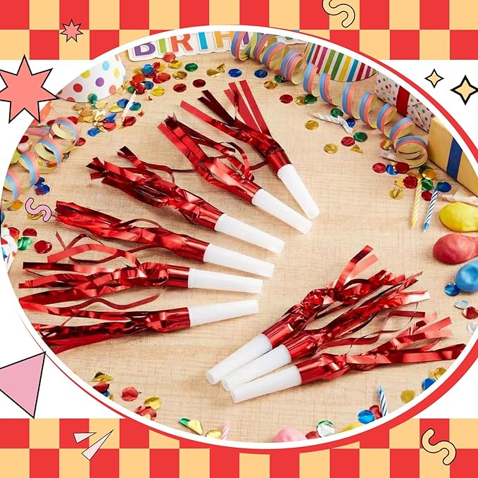 Sumind 24 Pcs Red Noise Makers Glitter Noise Makers Metallic Fringed Party Blowers for Adults Birthday Graduation Sporting Events 2026 New Years Party Favor Supplies