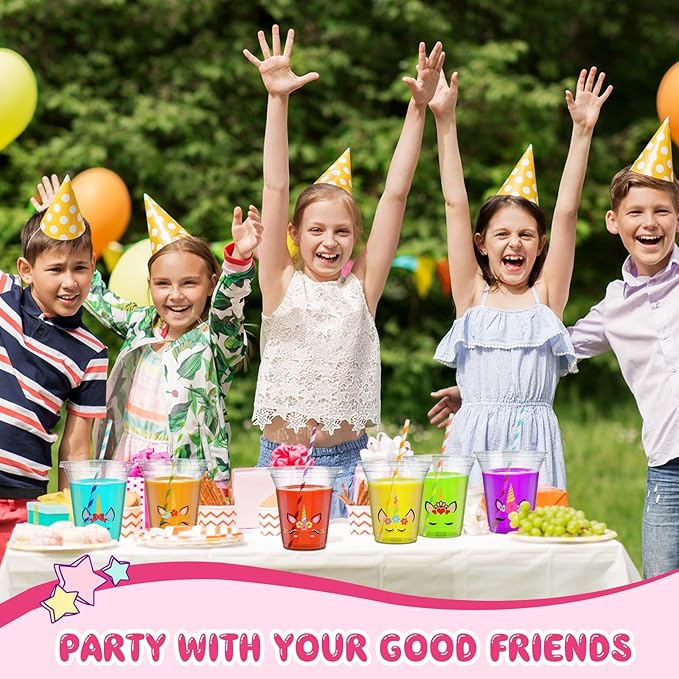 Boao 36 Sets Unicorn Party Cups with Lids and Paper Straws 14 oz Unicorn Birthday Party Supplies Favors Disposable Clear Plastic Cups Bulk