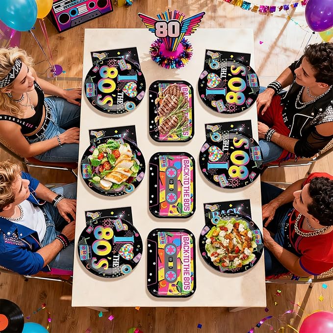 96Pcs 80s Party Decorations Back to The 80's Theme Plates and Napkins Tableware Sets Retro Colorful Hip Hop Decorations for Birthday Wedding Anniversary 1980's Party Supplies Serves 24