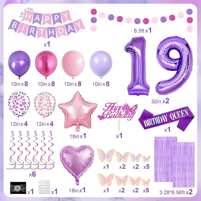 19th Purple Birthday Decorations for Girls, Pink and Purple Happy 19 Birthday Party Decorations with Happy Birthday Banner, Number Foil Balloons, Butterfly Cake Topper for 19th Party Supplies