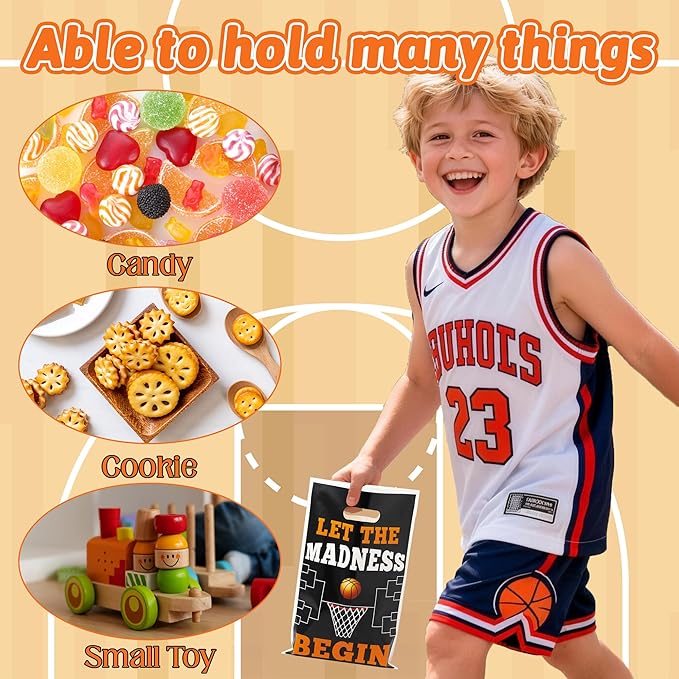 Basketball Party Favor Bags - 50Pcs Plastic March Madness Candy Treat Gift Bags with Handles Match Party Decoration Snack Goodie Bag Birthday Sport Theme Party Supplies for Basketball Lovers