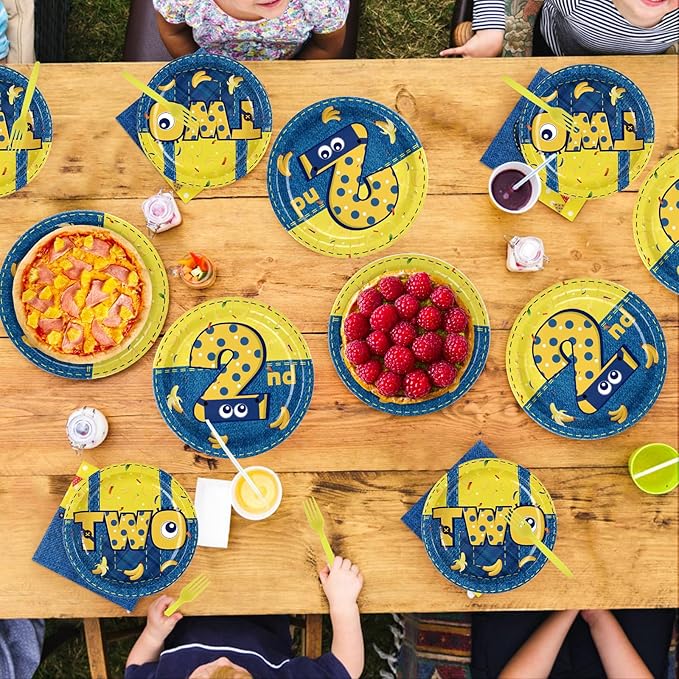 96 Pcs Yellow Cartoon 2nd Birthday Party Supplies Yellow Jeans Banana Plates and Napkins Disposable Big Eyes Cartoon Tableware Set for Boys Girls 2 Years Old Birthday Party Decorations Serves 24