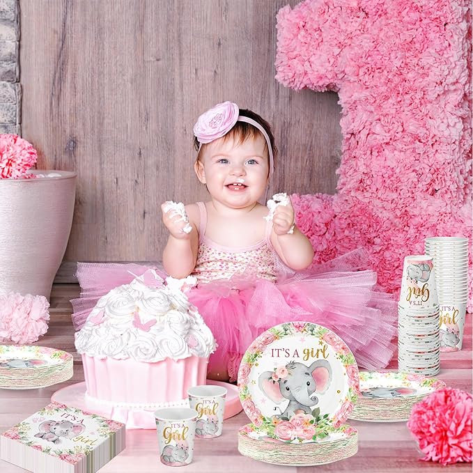Hushee 200 Pcs Pink Elephant Baby Shower Paper Plates Napkins Cups It's A Girl Baby Shower Party Supplies Tableware Set Pink Disposable Cup Napkin for 50 Guest Spring Party Decoration
