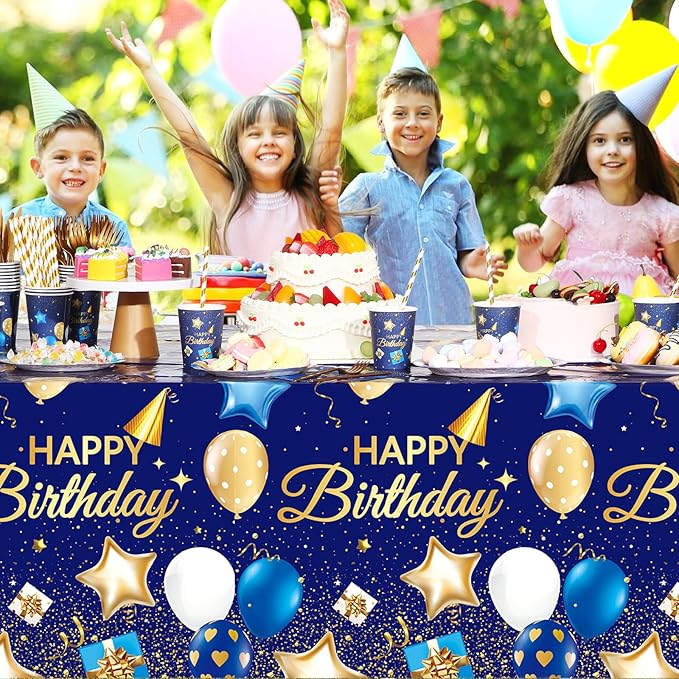 Norme 176 Pcs Navy Blue and Gold Birthday Tableware Set Birthday Decoration Includes Tablecloth Paper Plates Napkins Paper Cups Forks Knifes and Straws for 25 Guests Party Supplies (Fashion)