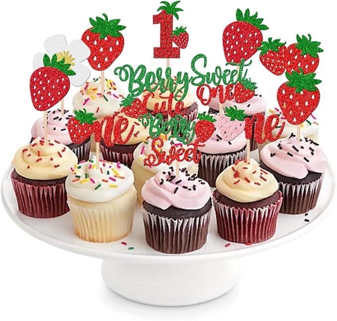 30 PCS Sweet One Strawberry Cupcake Toppers Glitter Sweet Berry 1st Birthday Cupcake Picks Strawberry Birthday Decorations for Baby Shower Kids First Birthday Party Cake Decorations Supplies Colorful