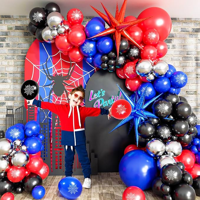 139 Pcs Blue Red Black Balloon Arch Garland Kit, for Cartoon Spider Theme Birthday Party Decorations Boys and Girls Gatherings Party Supplies