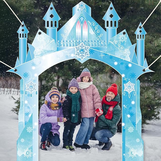 Polyester Fabric 104×70inch Winter Snow Castle Party Door Banner Wonderland Door Decoration Ice Snow Themed Backdrop for Girls Birthday Snowflake Hanging Princess Photo Booth Props Supplies