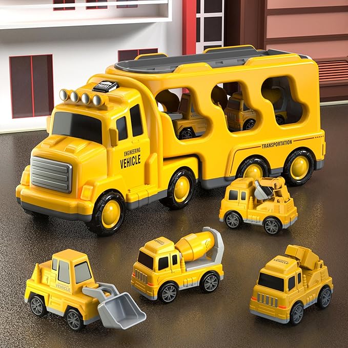 5 in 1 Construction Trucks Cars Toys for Toddlers 3-5, Boy Toddler Car Truck Toys with Light Sound, Includes Crane, Mixer, Bulldozer & Excavator, Birthday Gifts Toys for 2 3 4 5 Year Boys