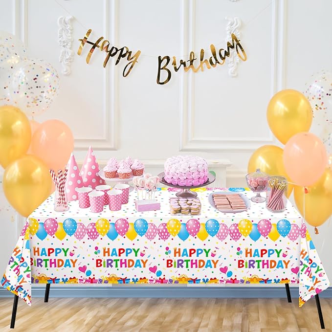 WNINK 3 Pack Happy Birthday Plastic Tablecloths, 54×108 Inch Disposable Waterproof Birthday Party Table Covers, Colorful Polka Dot Rectangle Tablecloths for Kids Boys Girls Birthday Decorations