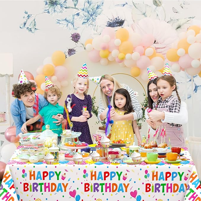 WNINK 2 Pack Happy Birthday Plastic Tablecloths, 54×108 Inch Disposable Waterproof Birthday Party Table Covers, Colorful Polka Dot Rectangle Tablecloths for Kids Boys Girls Birthday Decorations