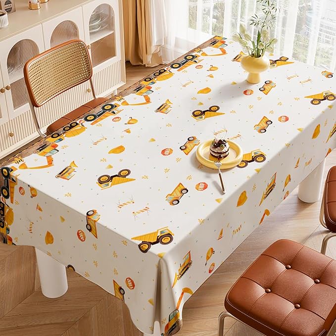 2 Pack Construction Party Tablecloth for Kids, Digger and Excavator Theme Table Cover, 108x54 Inch Truck Birthday Party Decors for Boys, Rectangle Waterproof Table Cloth