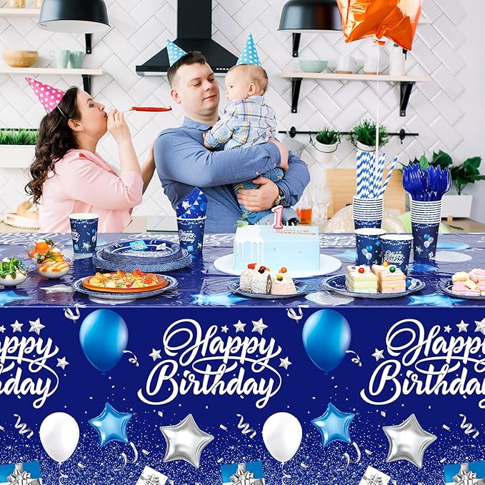 Norme 176 Pcs Navy Blue and Silver Birthday Tableware Set Birthday Decoration Includes Tablecloth Paper Plates Napkins Paper Cups Forks Knifes and Straws for 25 Guests Party Supplies (Classic)