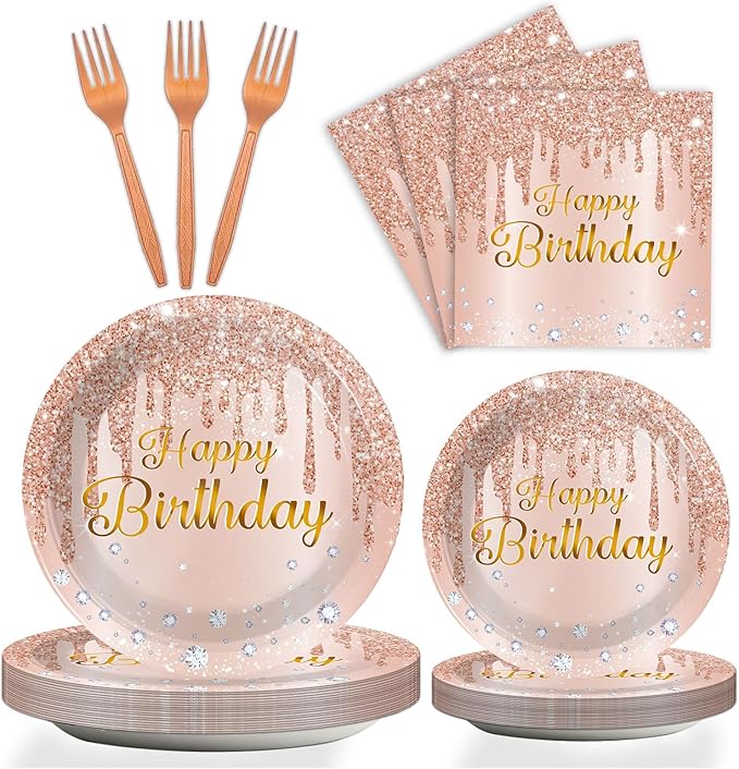 ZOIIWA 96 Pieces Happy Birthday Tableware Set for Pink Rose Gold Table Decorations Supplies Dessert Plates Napkins Forks Women 24 Guests Disposable Party Favors