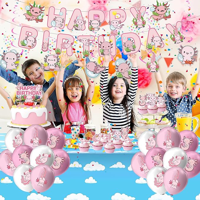 39 Pcs Axolotl Party Decorations, Include Pink Cute Cartoon Animals Happy Birthday Banners, Spiral Ornaments, Cupcaketoppers, Pink Axolotl Balloons for Birthday Party Supplies