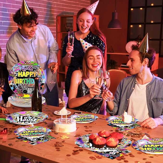 96 Pcs 90's House Party Supplies Disposable 90s Party Paper Plates and Napkins Retro Graffiti Wall Back To The 90' Tableware Set for Men Women 90s Birthday Hip Hop Party Decorations Serves 24