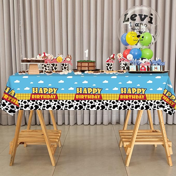 6 Pack Cartoon Story Birthday Party Supplies Cow Pattern Printed Table Cover Blue Sky and White Cloud Tablecloths Cow Birthday Party Decoration for Boy Girl Kid Birthday Party Decor 54 x 108 inch