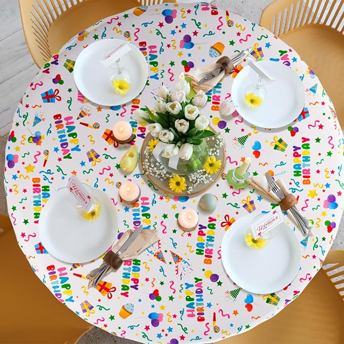Oudain 3 Pcs Happy Birthday Tablecloth Decorations 84 Inch Plastic Disposable Round Table Covers Waterproof Colorful Balloons Confetti Tablecloth for Women Birthday Party Supplies Baby Shower(White)