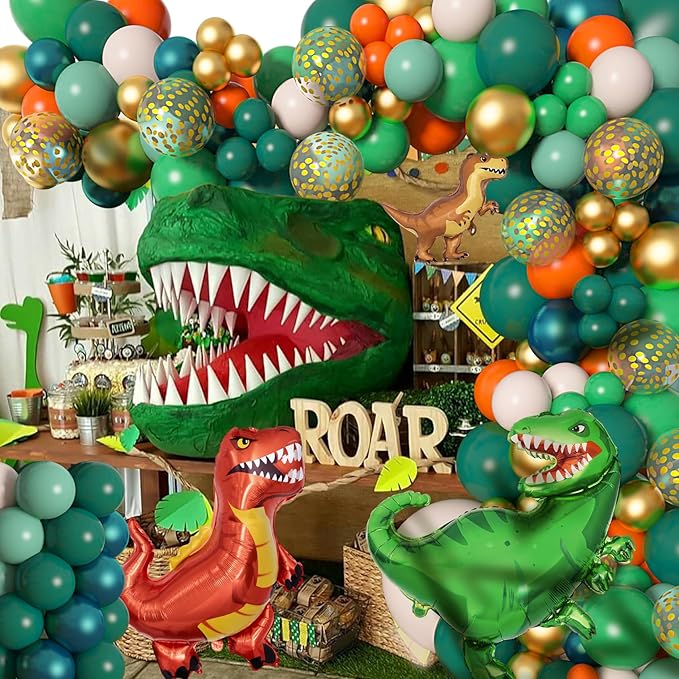 Amandir 165Pcs Dinosaur Balloons Arch Garland Kit, Sage Green Orange 6Pcs Dino Foil Balloons Happy Birthday Balloon for Jungle Safari Dinosaur Themed Party Decorations Supplies Boys