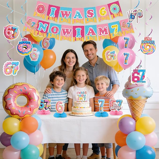 6 7 Birthday Party Decoration Set Funny 6 7 Meme Donut Theme Decor with Hanging Swirls Honeycomb Centerpieces I Was 6 Now I'm 7 Banner Cake Topper Blue and Pink Six Seven Party Supplies